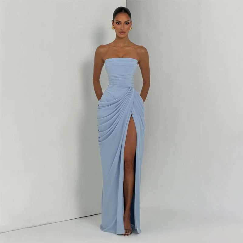 Women Sexy Solid Pleated Strapless Dress Lady Chic Off-shoulder Backless High Waist Split Dresses 2026 Summer Evening Party Gown