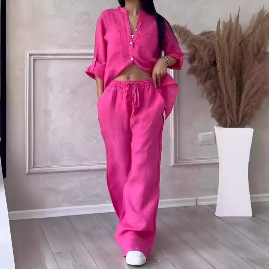 Spring Autumn Cotton Linen Long Sleeved shirt + Long Pants Two-piece Set Women Casual V-neck Shirt Drawstring Wide leg Pant Suit