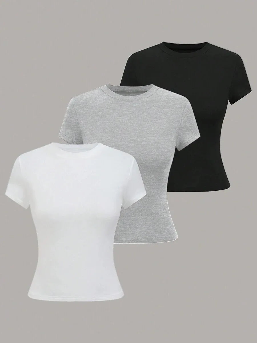 3pcs Sale Women's T-shirts Summer Round Collar Short Sleeve Slim Solid Color Tee Tops YDFS-53001