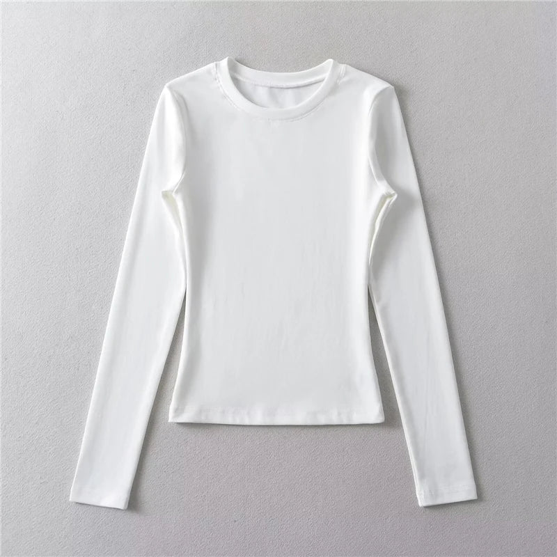 LUNDUNSHIJIA O-neck Long Sleeve T-shirts For Women 2025 New Spring Ladies Solid Cotton Slim Tee Shirts 10 Colors