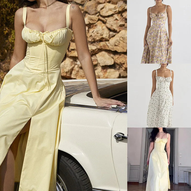 Women Summer Dress 2024 Fashion Floral Print Halter Sling V Neck Bra Sleeveless Gentle Woman mid-calf Dresses Vestidos GHH24128