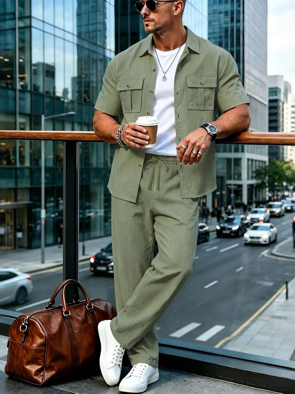 Men's Cotton Linen Short Sleeve Shirt & Pants Set Turn-Down Collar Double Pocket Casual Streetwear