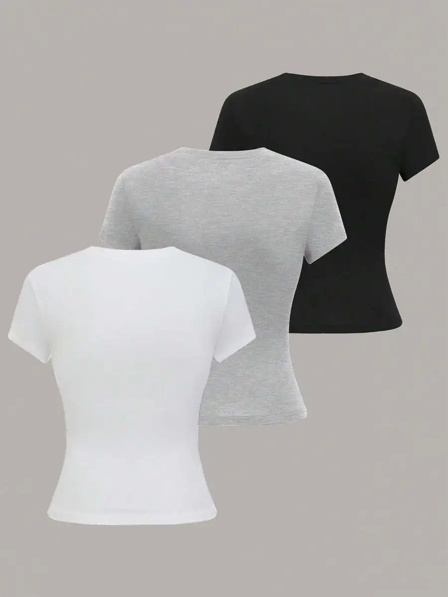 3pcs Sale Women's T-shirts Summer Round Collar Short Sleeve Slim Solid Color Tee Tops YDFS-53001