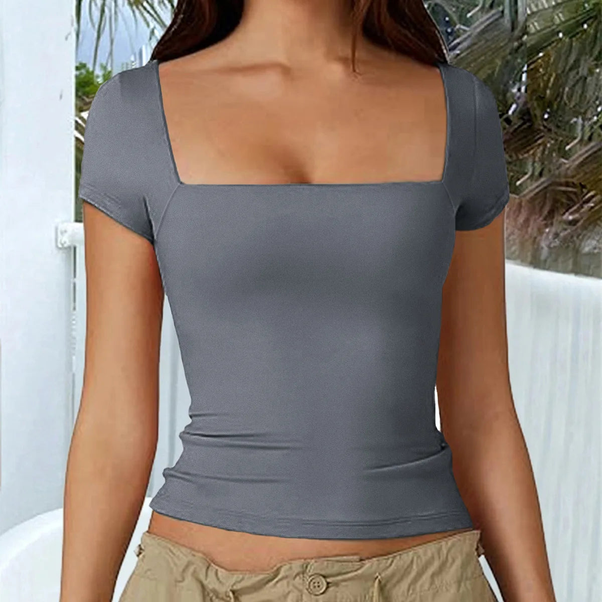 New Arrival Hot Seller 2024 Spring/Summer T-Shirt Women's Casual Square Neck Solid Color Slim-Fit Crop Top Short Sleeve