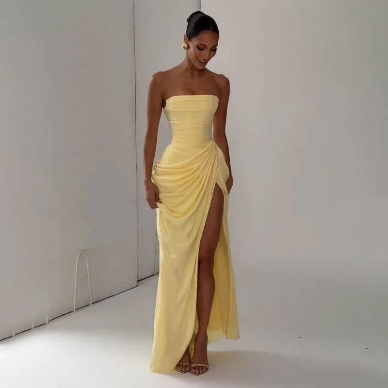 Women Sexy Solid Pleated Strapless Dress Lady Chic Off-shoulder Backless High Waist Split Dresses 2026 Summer Evening Party Gown