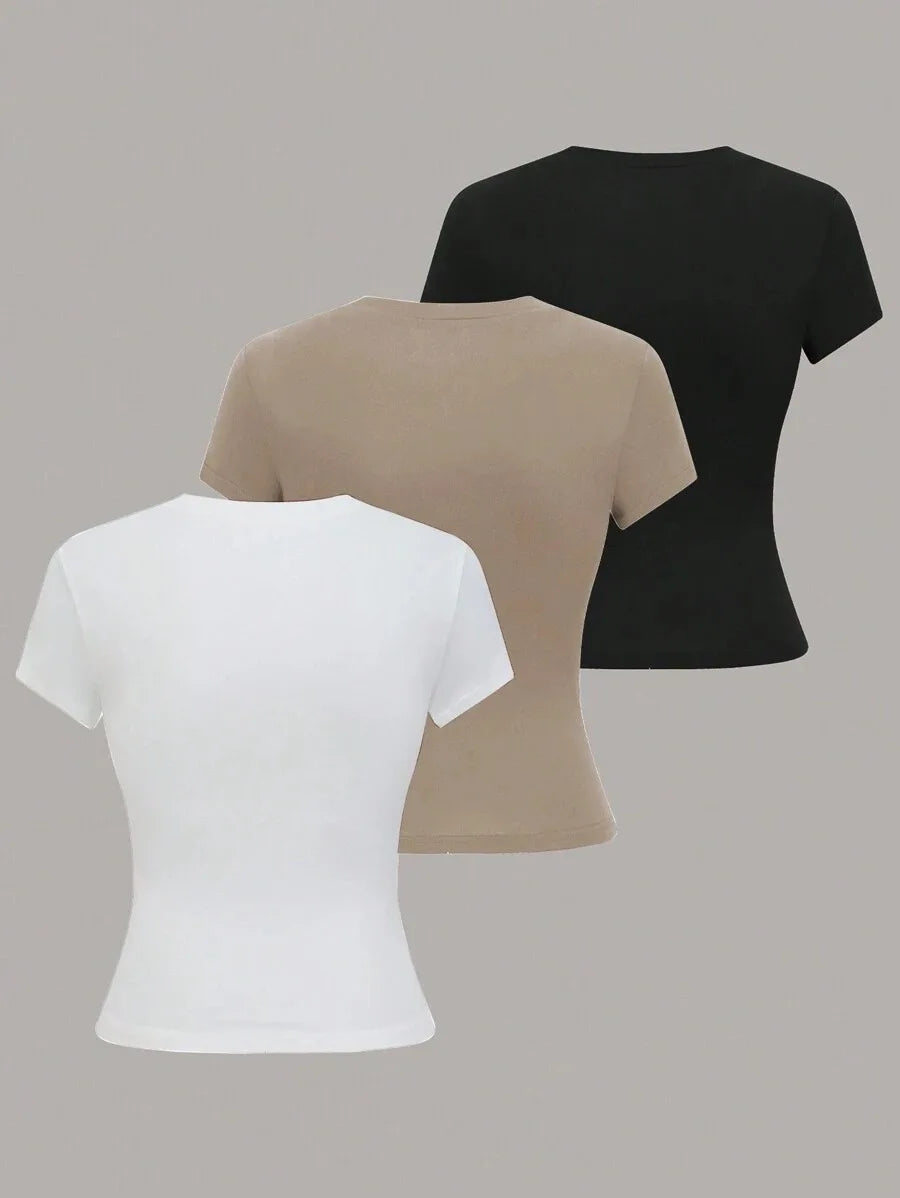 3pcs Sale Women's T-shirts Summer Round Collar Short Sleeve Slim Solid Color Tee Tops YDFS-53001