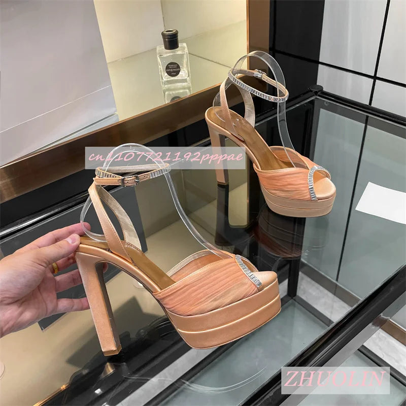 Women'S Satin Rhinestone Double-Layer Platform Shoes Open Toe Chunky Heel Buckle Strap High Heels Elegant Luxury Wedding Shoes