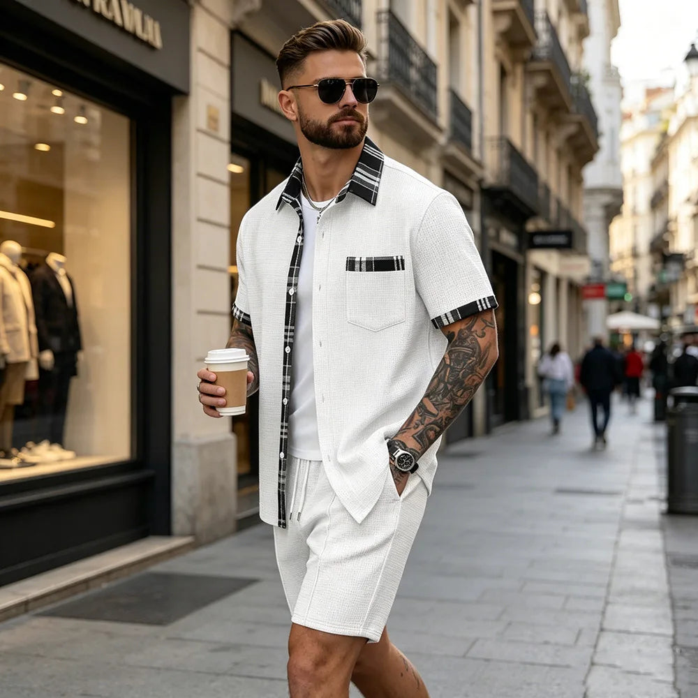 Summer New Waffle Set, Men's Plaid Spliced Short-Sleeve Shirt & Shorts, Casual Two-Piece Outfit F156D