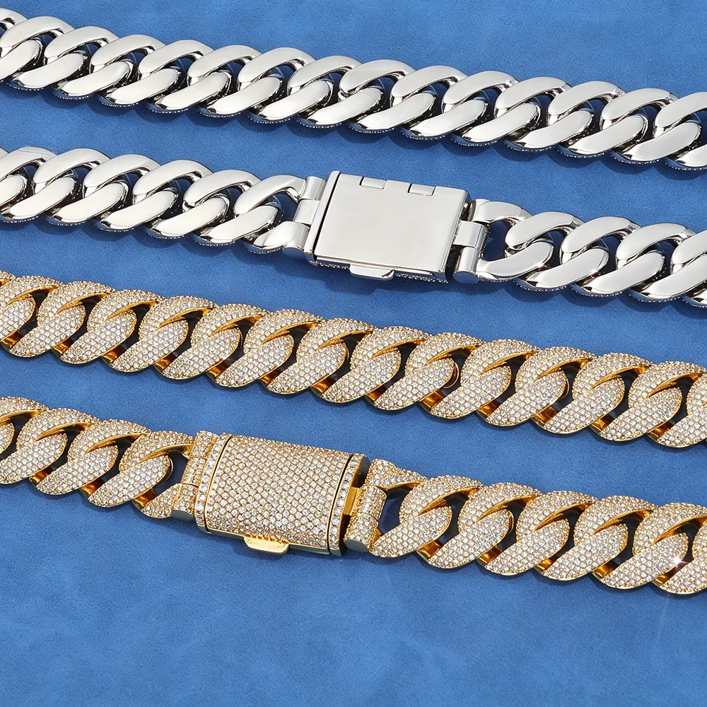 22mm Wide Cuban Chain Brass Full Paved CZ Zircon Necklace Hip Hop Iced Out Bling Rapper Jewelry Gold Silver Two Tone Neck Chain