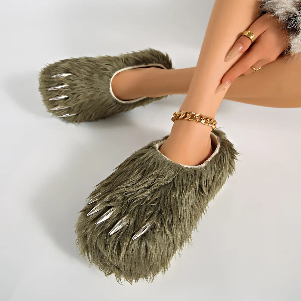 Ins Claw Slippers Adults Winter Flip Flops Warm Fur Slides Fluffy Fuzzy House Shoes Unisex Animal Claw Slippers