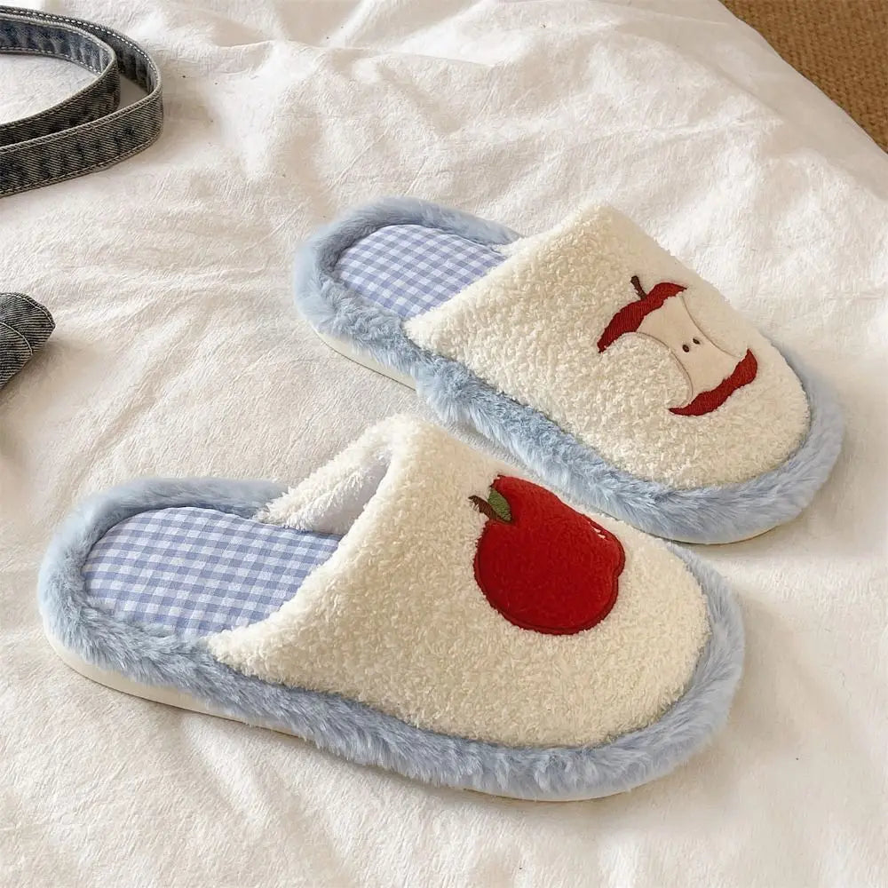 Fashion Grid Stripe Cute Plush Slippers Non-Slip Thick Sole Winter Slides Women Silent Casual Home Wear Shoes Women