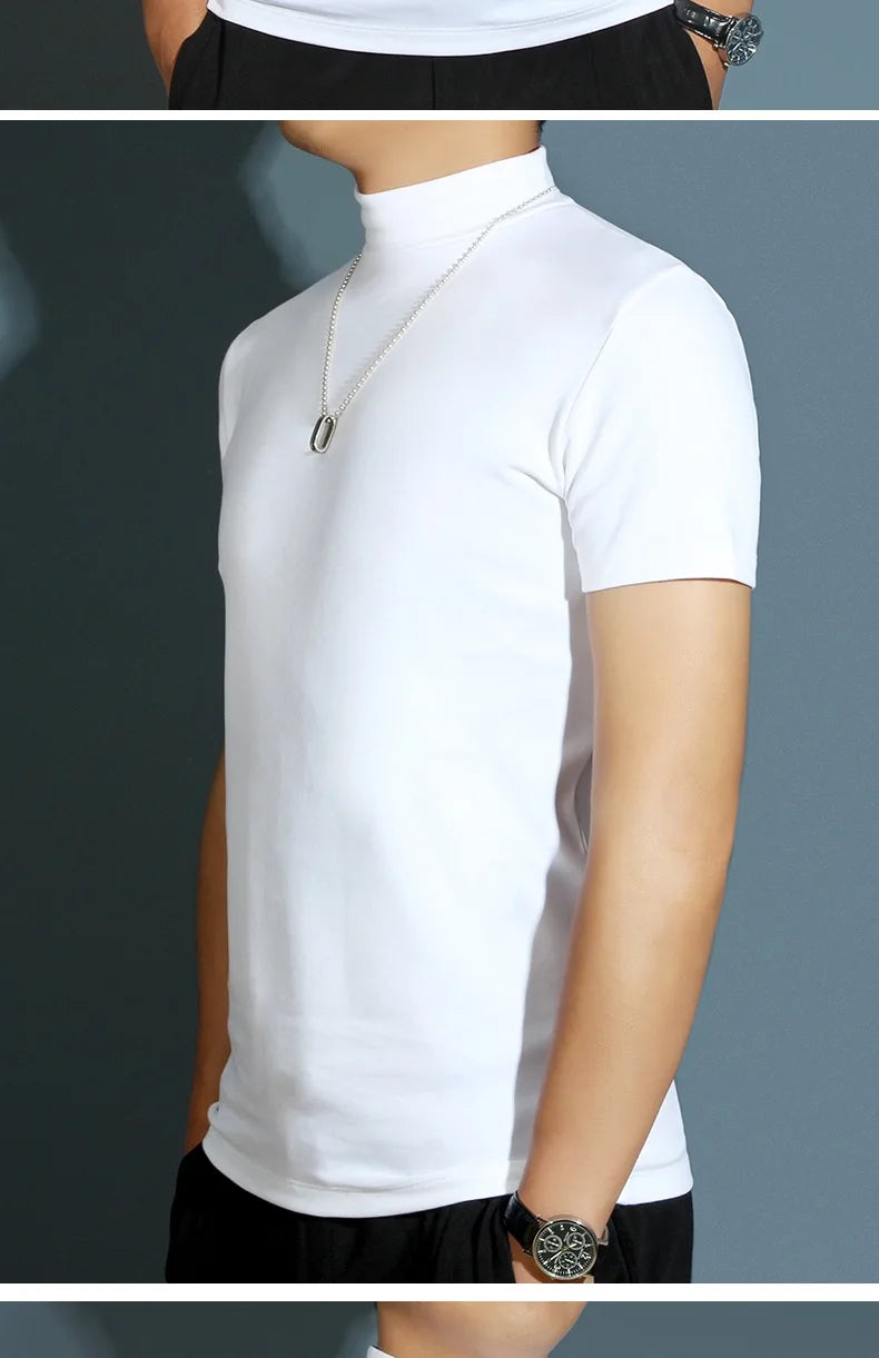 1pcs Thin New Men Half High Collar T shirts Short-sleeve Tee Fitness Joggers Bodybuilding Quick Dry tshirt Male Gym Clothes Tops