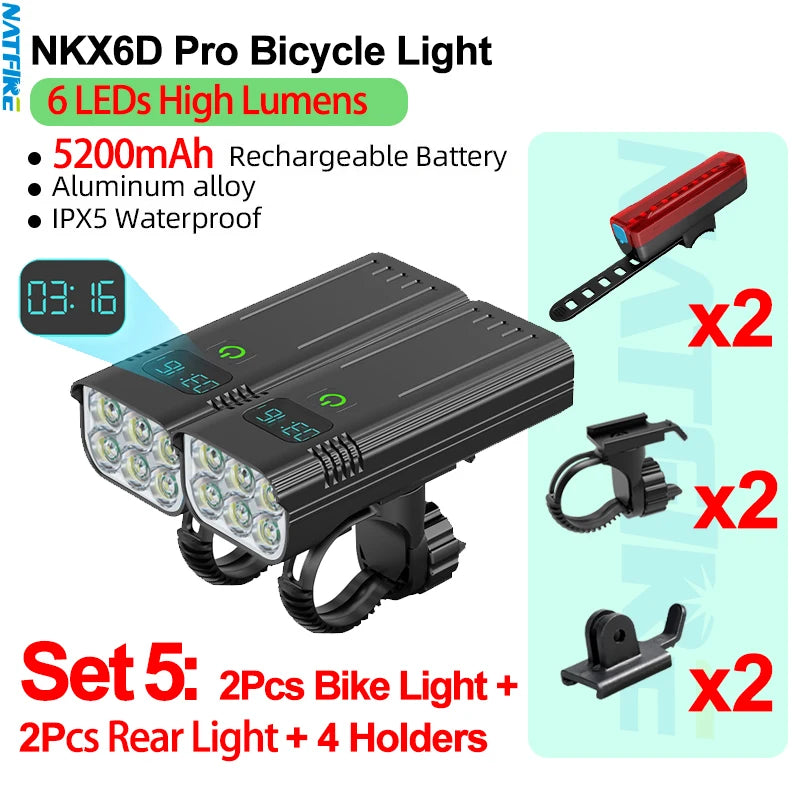 Upgrade 8-6 LED Bicycle Light Powerful Bike Headlight 10000mAh USB Rechargeable as Power Bank Front and Rear Lights Set Optional