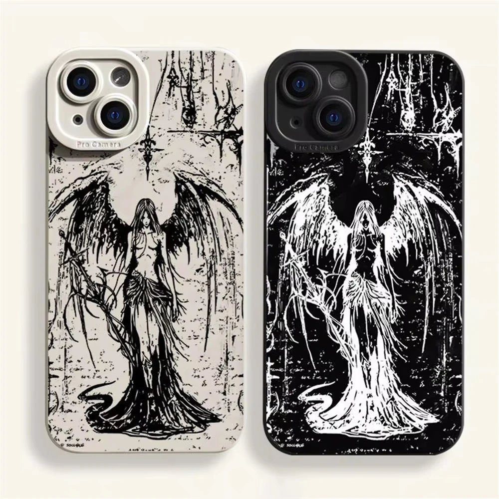 Super Cool Luxury Black Angel Death demon Phone Case For iPhone 16 15 14 13 12 11 Pro Max XS MAX XR 7 8 PLUS Y2K Silicone Cover