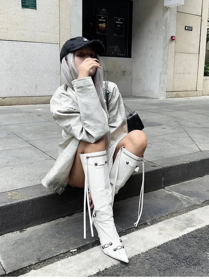 New Women Knight High Boots Fashion Tassels Side Zippers Ladies Elegant Pointed Toe Long Booties Women's Footwear