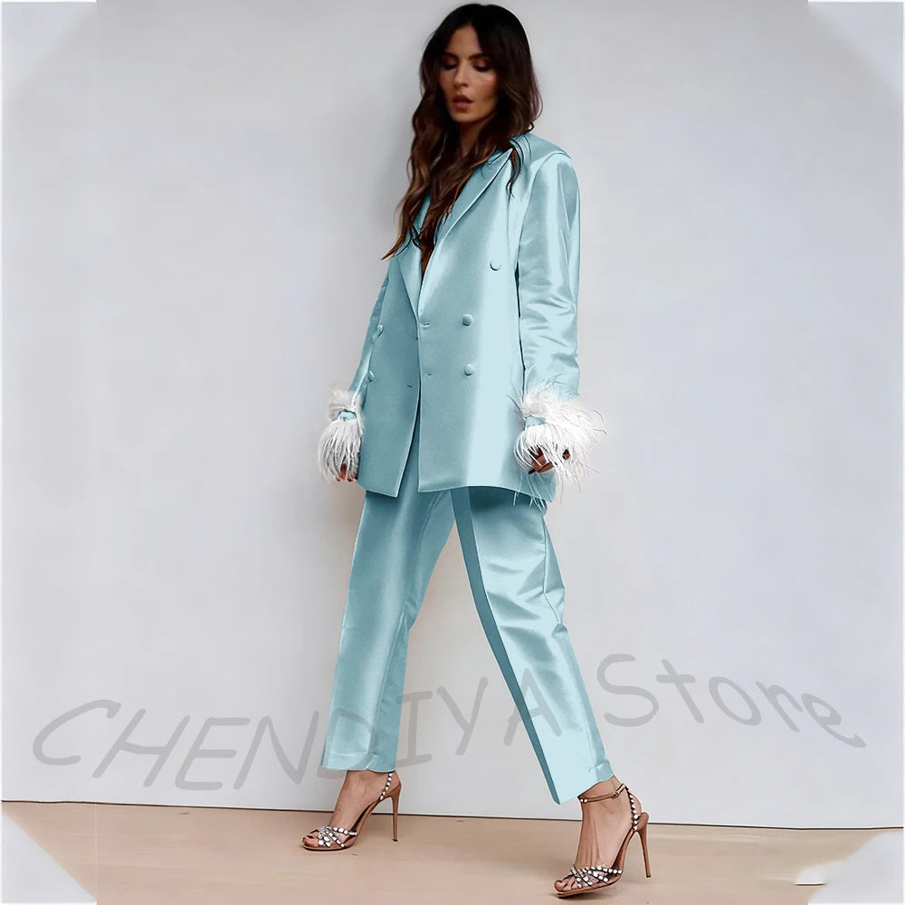 Luxury Feather Women's Suit Classic Design Double Breasted Ankle Length Elegant Outfit Two Pieces Formal Party Female Set