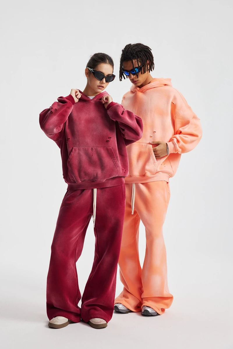 2025 Winter New Fleece Sweatpants Men Splashing Ink Spray Dyeing Wash Distressed Wide Joggers Grinding Edges Baggy Plush Pants