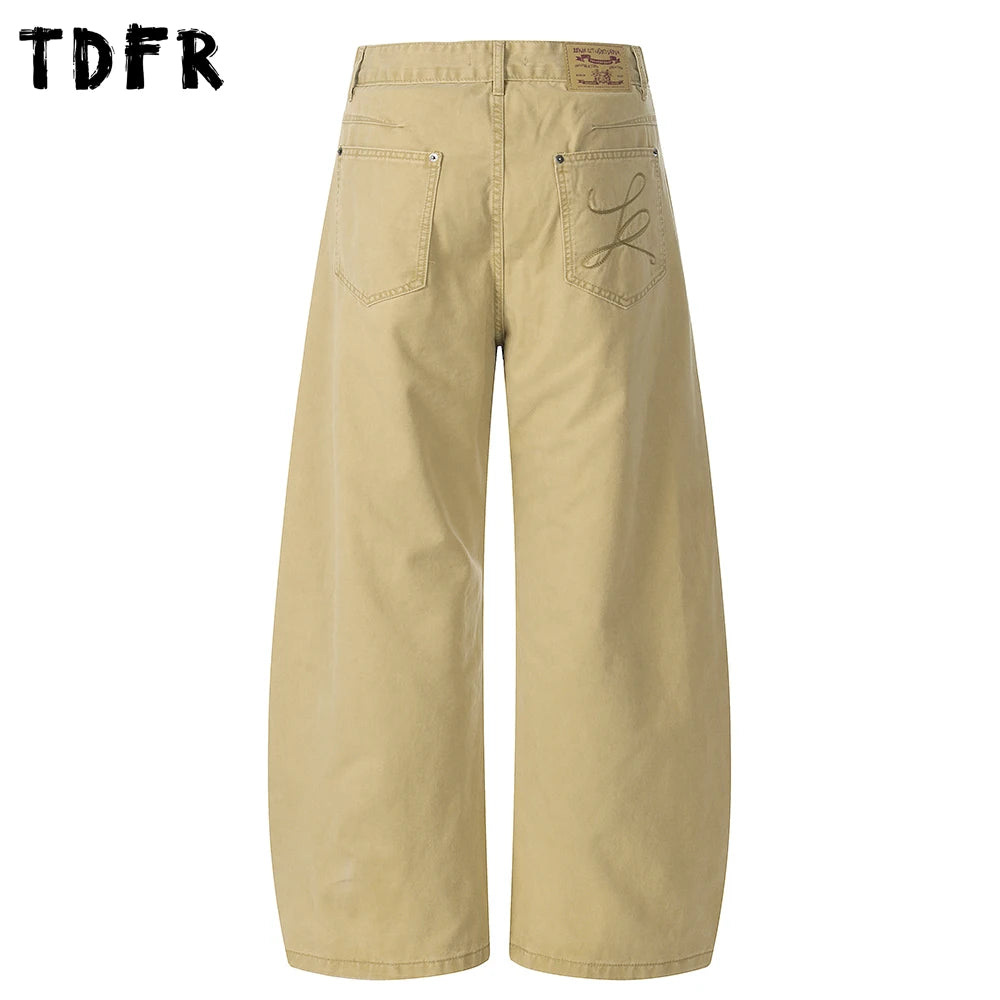 Pocket Embroidery Banana Jeans Mens Solid Color Washed Distressed Retro Casual Baggy Wide Leg Denim Trousers Man