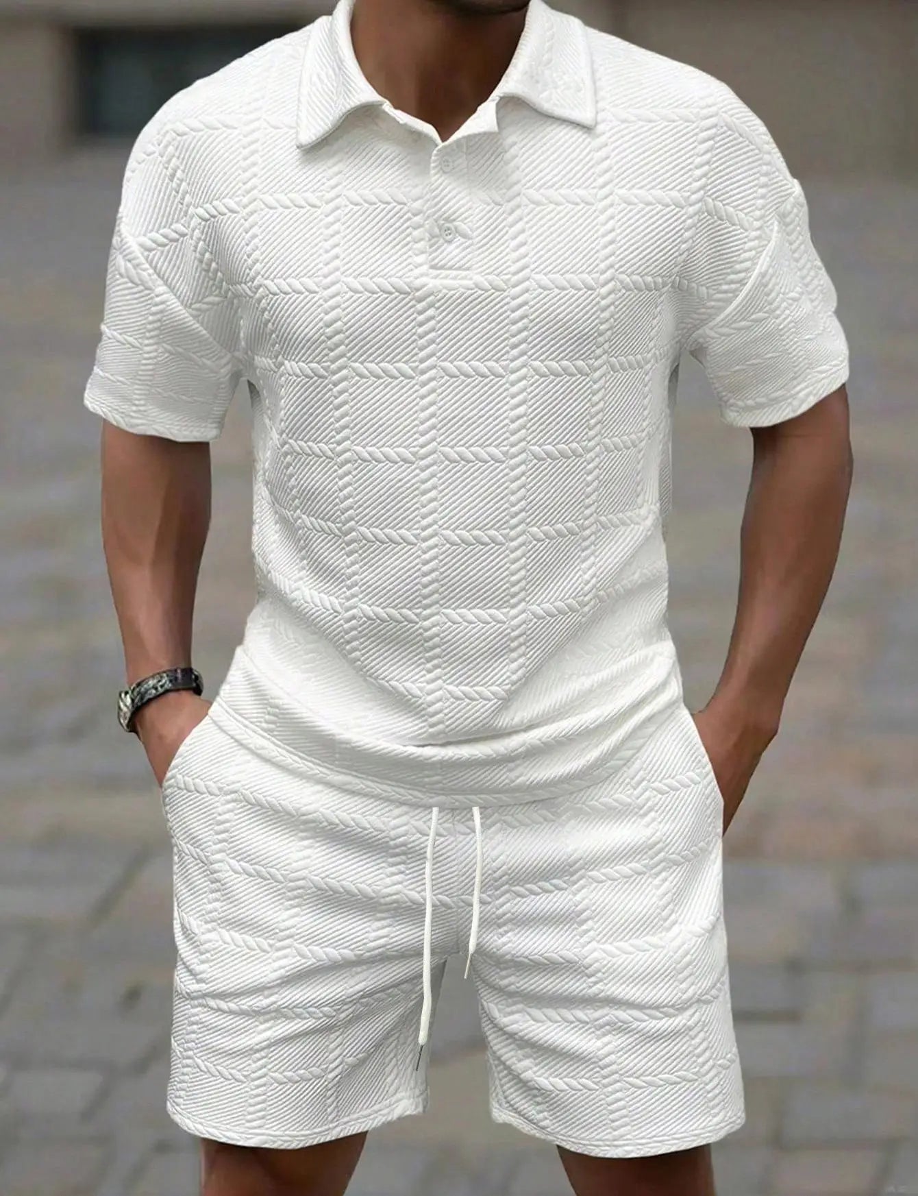 2026Summer Male Casual Two Pieces Suits Vintage Polo Neck Short Sleeve Tops And Shorts Men's Sets Fashion Plaid Textured Outfits