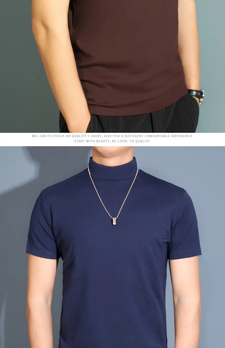 1pcs Thin New Men Half High Collar T shirts Short-sleeve Tee Fitness Joggers Bodybuilding Quick Dry tshirt Male Gym Clothes Tops