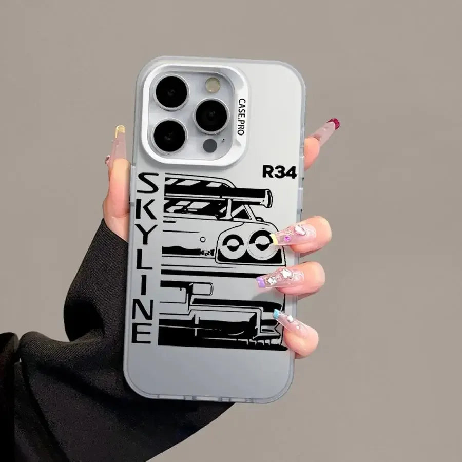 JDM Dream Car Cool Phone Case for iPhone 16 15 14 Plus 16E 13 12 11 Pro MAX Plating Matte Hard Phone Back Cover