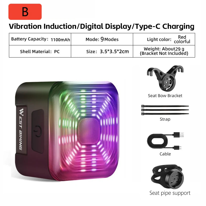 TRALOW Smart Bicycle Brake Sensing Tail Light Rechargeable LED Rear Lamp High Brightness Warning Light for MTB Road Bike Safety