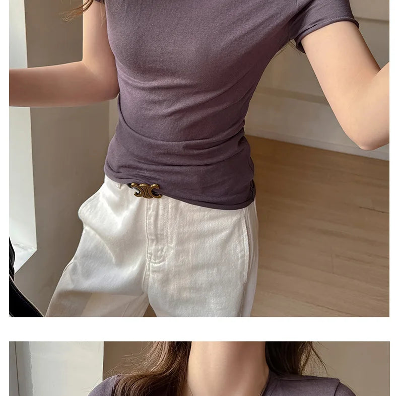 Solid Color Slim Fit Short Sleeve T Shirt for Women Summer New Cotton Blended Basic Tees Woman Thin Breathable Crew Neck T-shirt