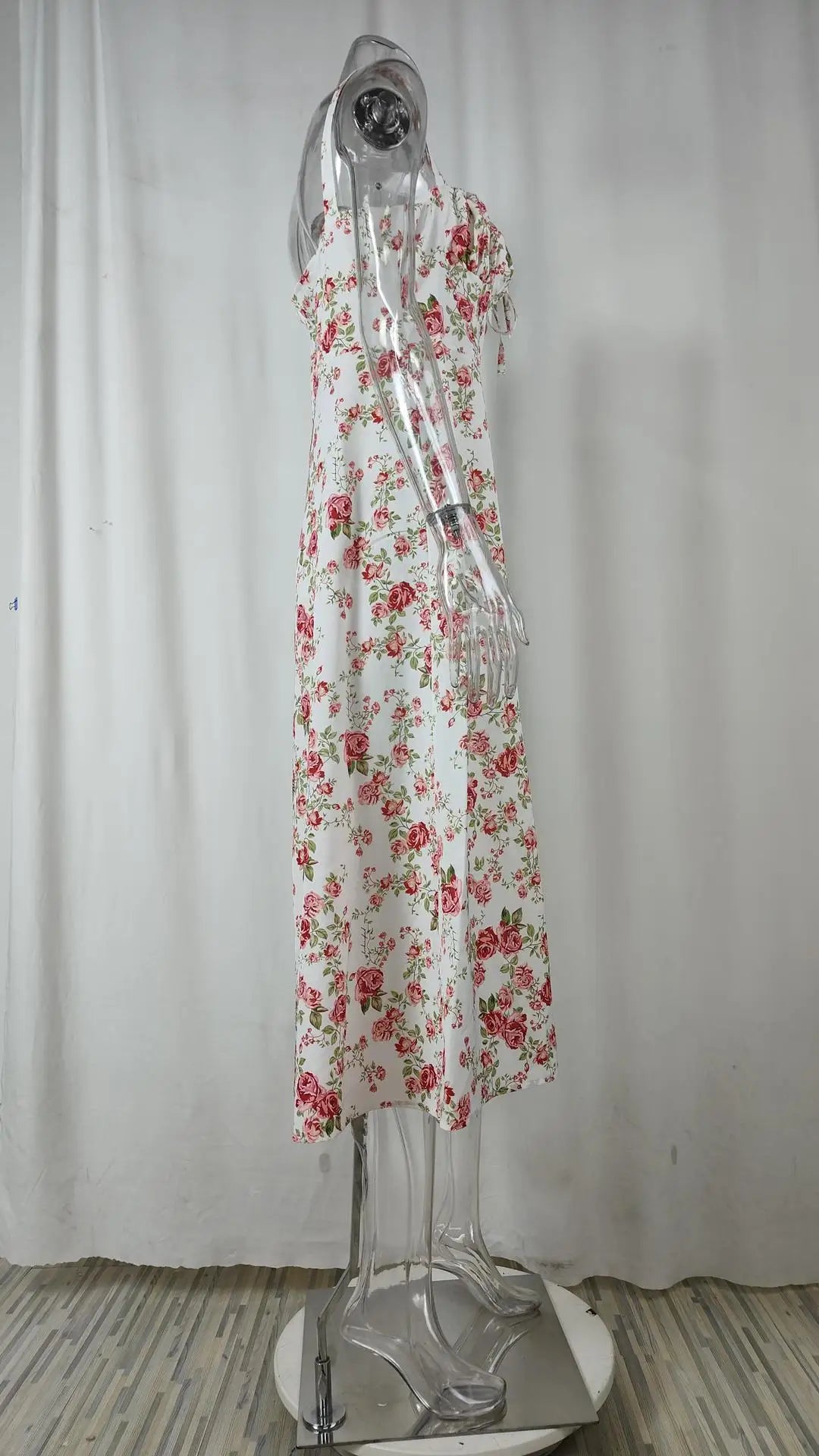 Women Summer Dress 2024 Fashion Floral Print Halter Sling V Neck Bra Sleeveless Gentle Woman mid-calf Dresses Vestidos GHH24128