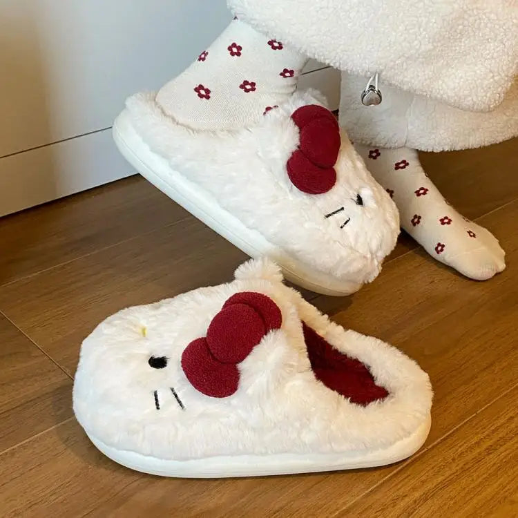 New Cartoon Hello Kitty Plush Slippers Sanrio Cute Female Anime Autumn Winter Home Plus Velvet Warm Thick Sole Baotou Slippers