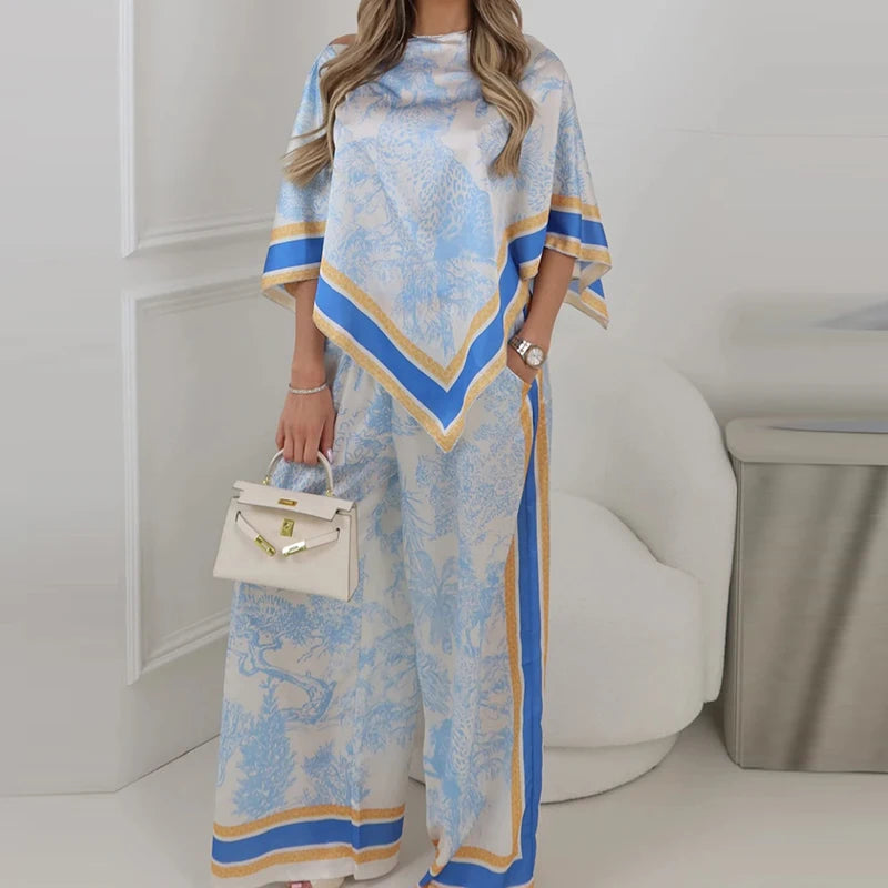 New Elegant Shawl Top+Pants Two Twice Set Summer Fashion Round Neck Loose Outfit Lady Casual Satin Printed Office Commuter Suit