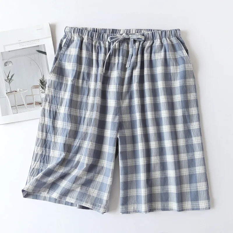 New 2026 Men's Sleepwear Pajama Shorts Plaid Design 100% Cotton Casual Loose Double-layer Homewear Sleep Bottoms Male Home Pants