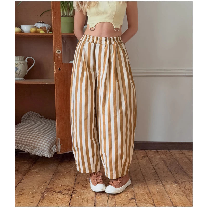 Red White Striped Balloon Pants Women's Elastic Waist Wide Leg Baggy Casual Trouser 2026 Summer New Streetwear Loose Fit Pants