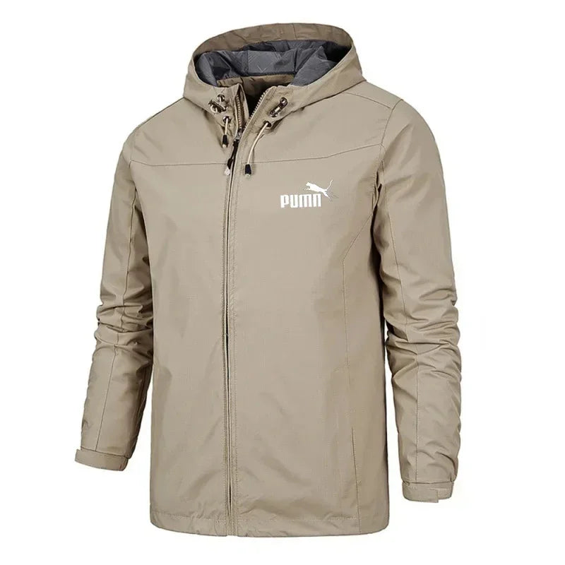 Men's hooded waterproof jacket, camping, outdoor, mountain climbing, windproof, lightweight, long-sleeved outdoor jacket. Suitab