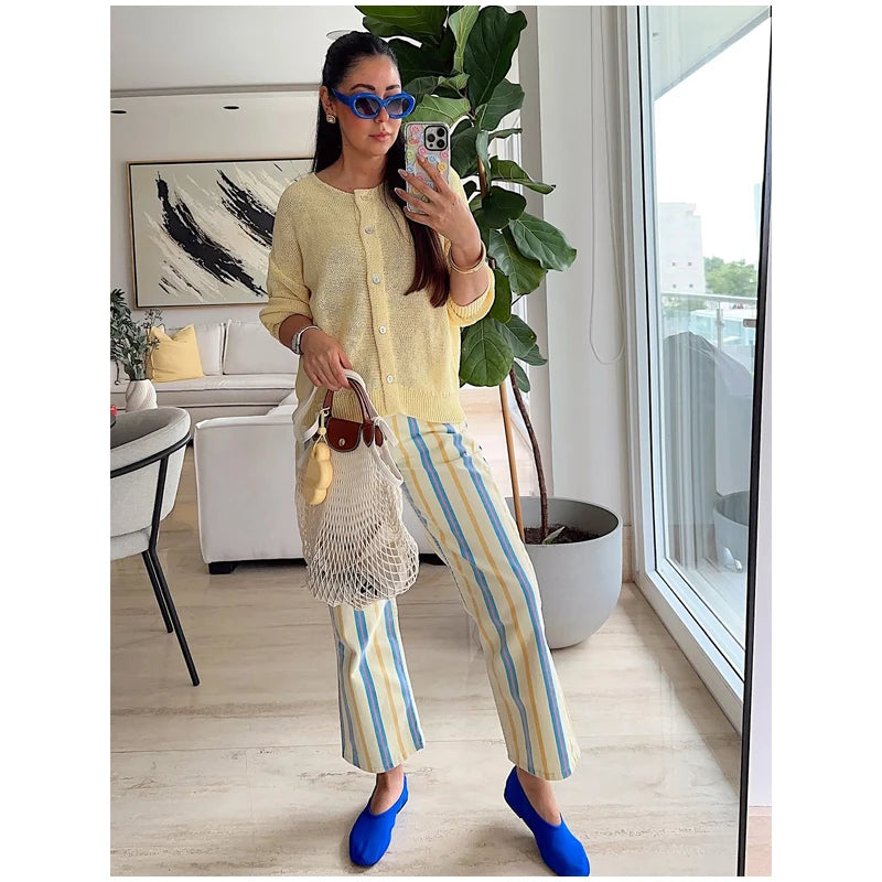 Red White Striped Balloon Pants Women's Elastic Waist Wide Leg Baggy Casual Trouser 2026 Summer New Streetwear Loose Fit Pants