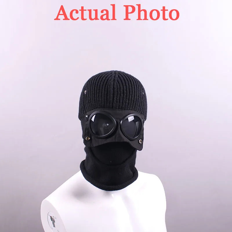 1 Pcs Trendy Autumn Winter Warm Caps Aviator Glasses Men Women Ear Protection Windproof Cycling Full Face Cover Warm Knitted Hat
