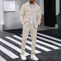 Men's casual two-piece waffle texture suit (including button-down top and elastic waist pants) - fashionable street casual sport