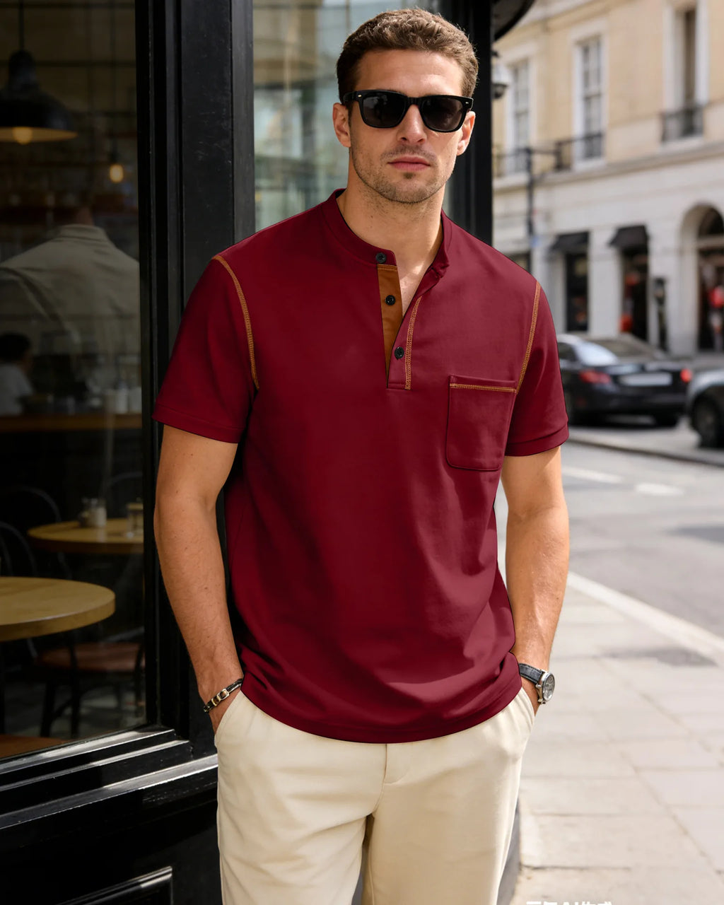 Summer men's fashionable Henry collar half-button short-sleeved moisture-wicking breathable casual American stretch T-shirt top