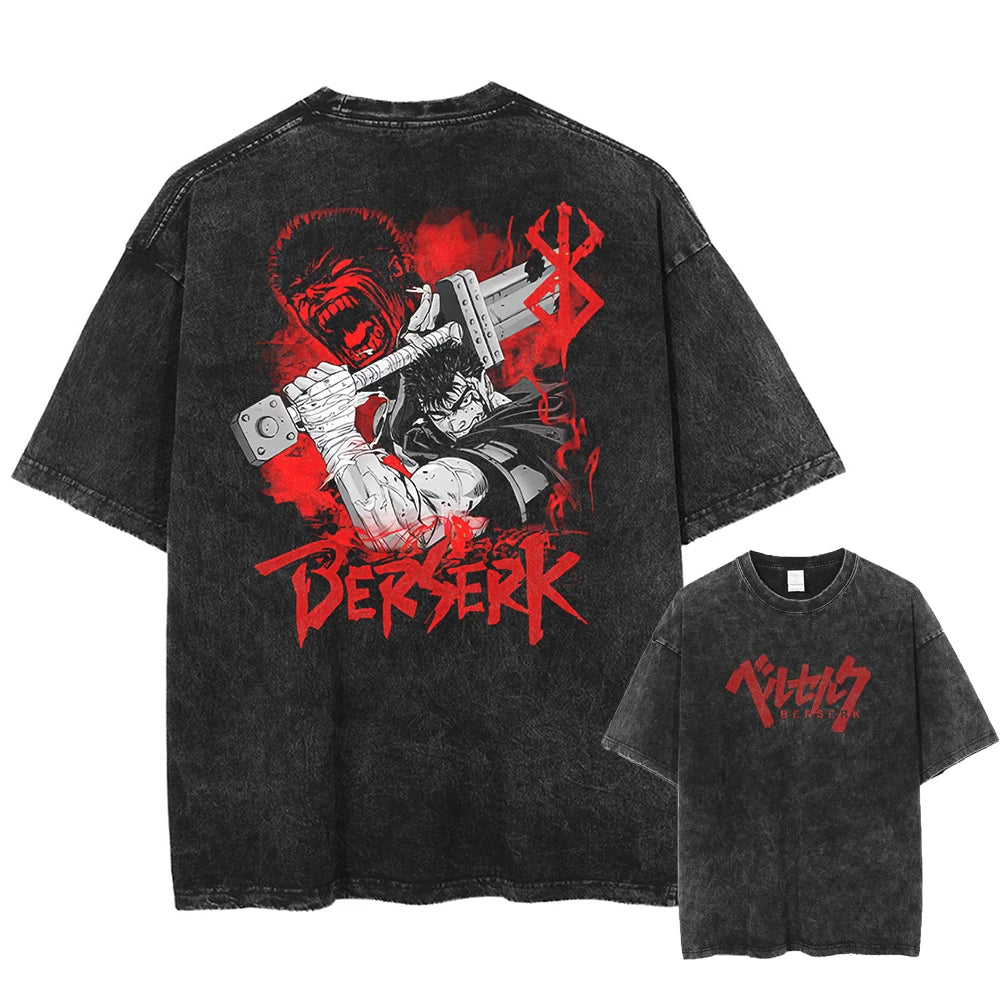 Anime Berserk Guts Printed Washed T-shirt Men Manga Street Tshirts Washed Cotton Harajuku Male Vintage Gothic Tops T Shirt