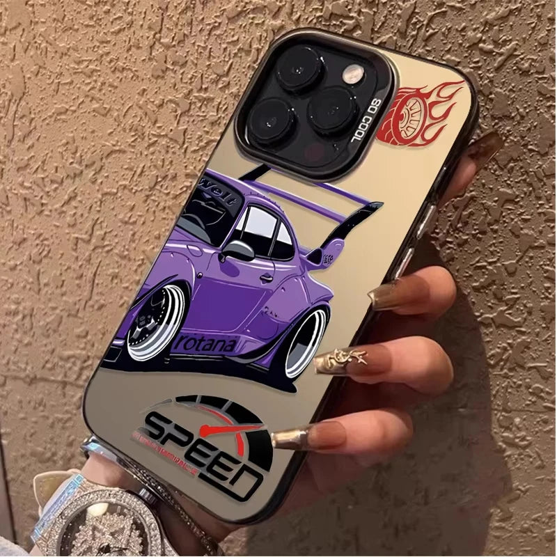 Cool Purple Sports Car SPEED Print Phone Case For iPhone 17 16 15 14 13 12 11 Pro Max JDM Racing Style Wrap Phone Cover For Men
