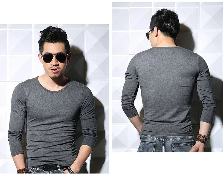 Men's Long Sleeve V Neck T Shirt 2026 MRMT Men T-shirt Slim Solid Tight Man T Shirt Tops Tees Clothing