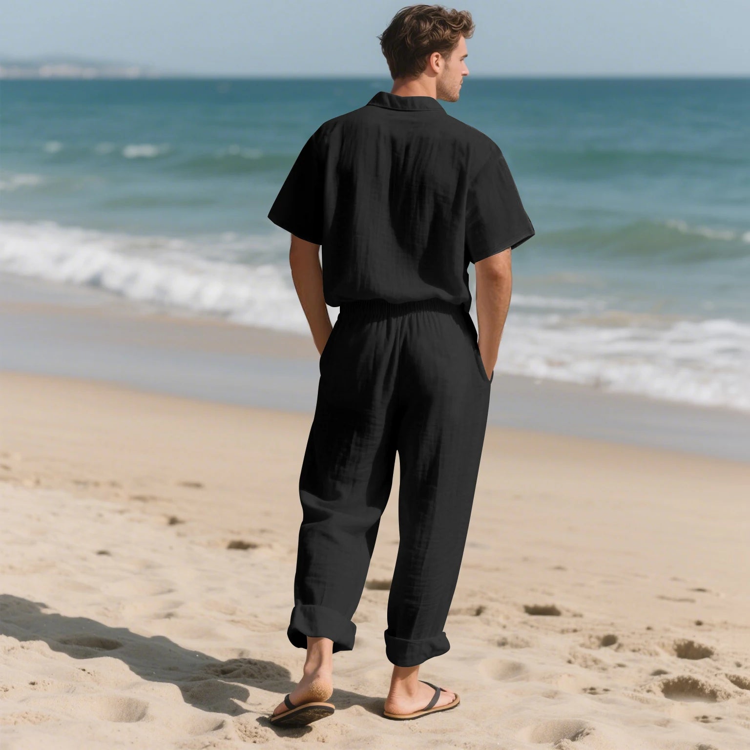 2025 New Arrival Men's Casual Tracksuit Linen Shirt and Pants Set Breathable Summer Outfits for Beach and Daily Wear