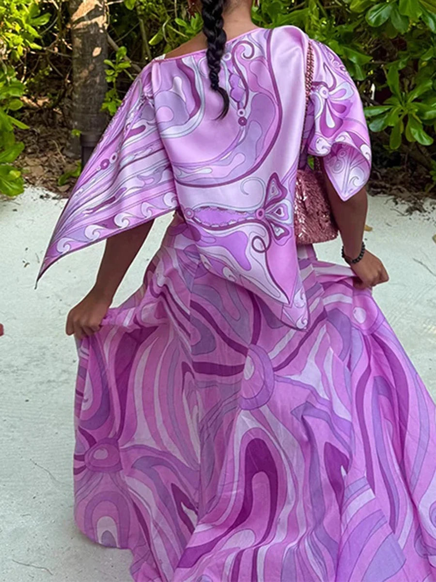 TWOTWINSTYLE Holiday Elegant Printing Two Piece Set for Women O Neck Short Sleeve Top High Waist Maxi Skirt Suit Female Style