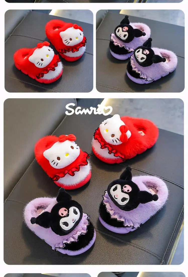 Sanrio Kawaii Girls Plush Slippers Cute Kuromi Hello Kitty My Melody Cartoon Student Winter Home Indoor Anti-Slip Warm Shoes
