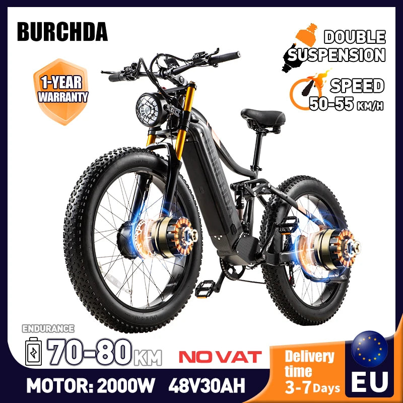 BURCHDA HC26 2000W Dual Motors Monuntain Electric Bicycle,48V30AH Battery,26Inch MTB Men's Electric Bike for Adult,City Ebike