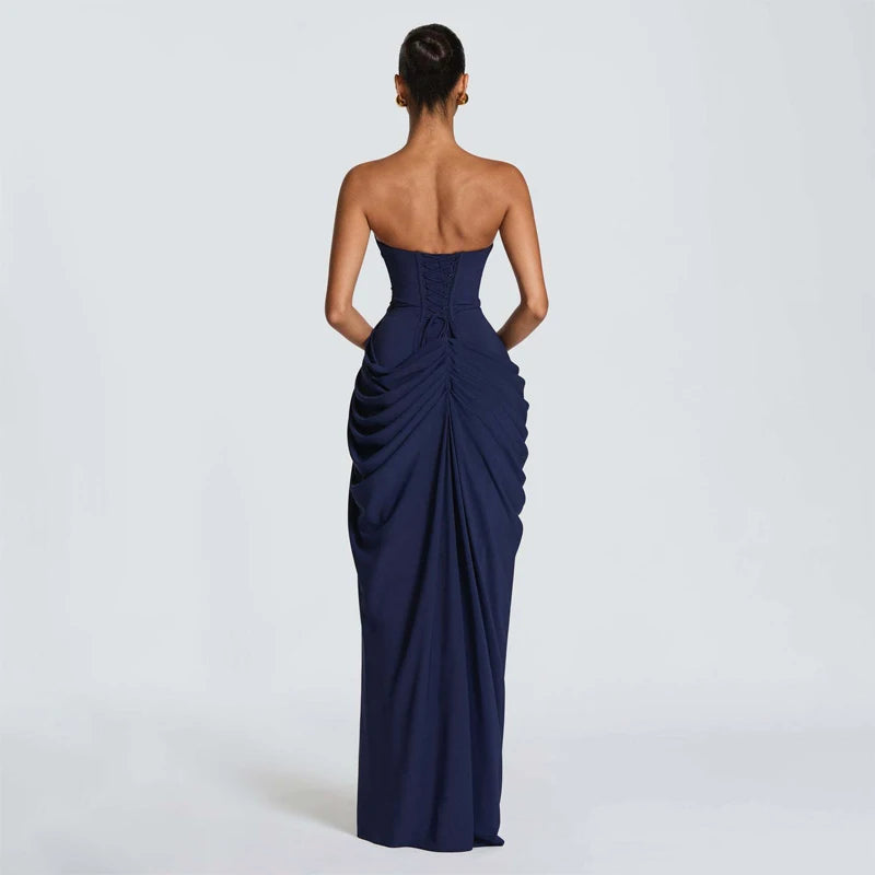 Women Sexy Solid Pleated Strapless Dress Lady Chic Off-shoulder Backless High Waist Split Dresses 2026 Summer Evening Party Gown