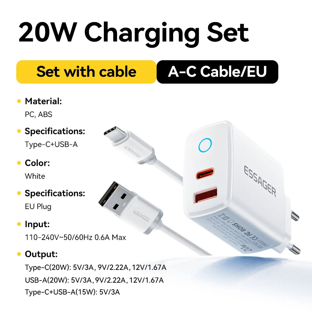 Essager 20W USB Type C Charger 3A PD Quick Charge With Type-C Lighting Micro Cable Fast Charging For iPhone 17 16 Xiaomi Huawei