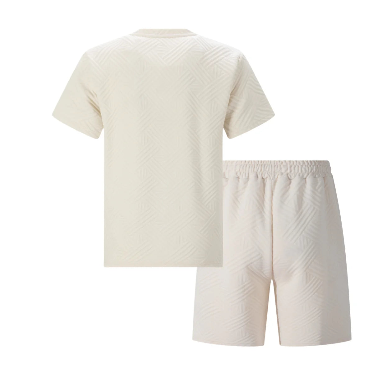 2026 Men's Summer Beige Geometric Textured 2 Piece Set Crew Neck Short Sleeve T-Shirt & Drawstring Shorts Tracksuit