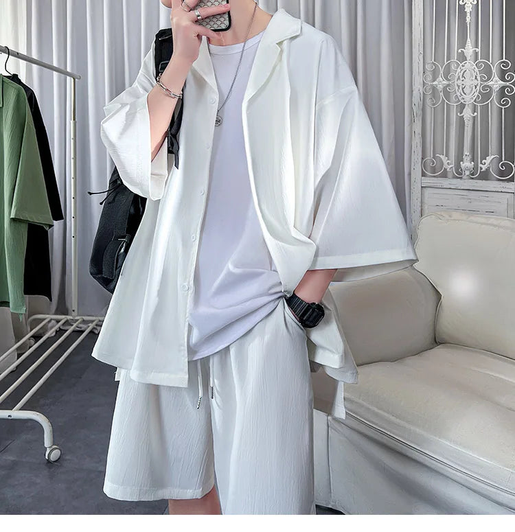 Korean Style Men's Set Shirt+Shorts Solid Short Sleeve Top Matching Bottoms Summer Fashion Oversized Clothing Men