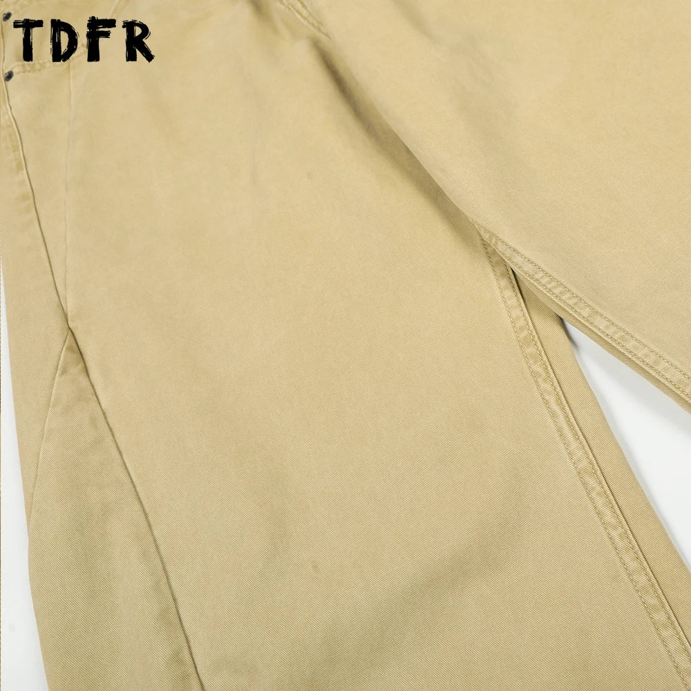 Pocket Embroidery Banana Jeans Mens Solid Color Washed Distressed Retro Casual Baggy Wide Leg Denim Trousers Man