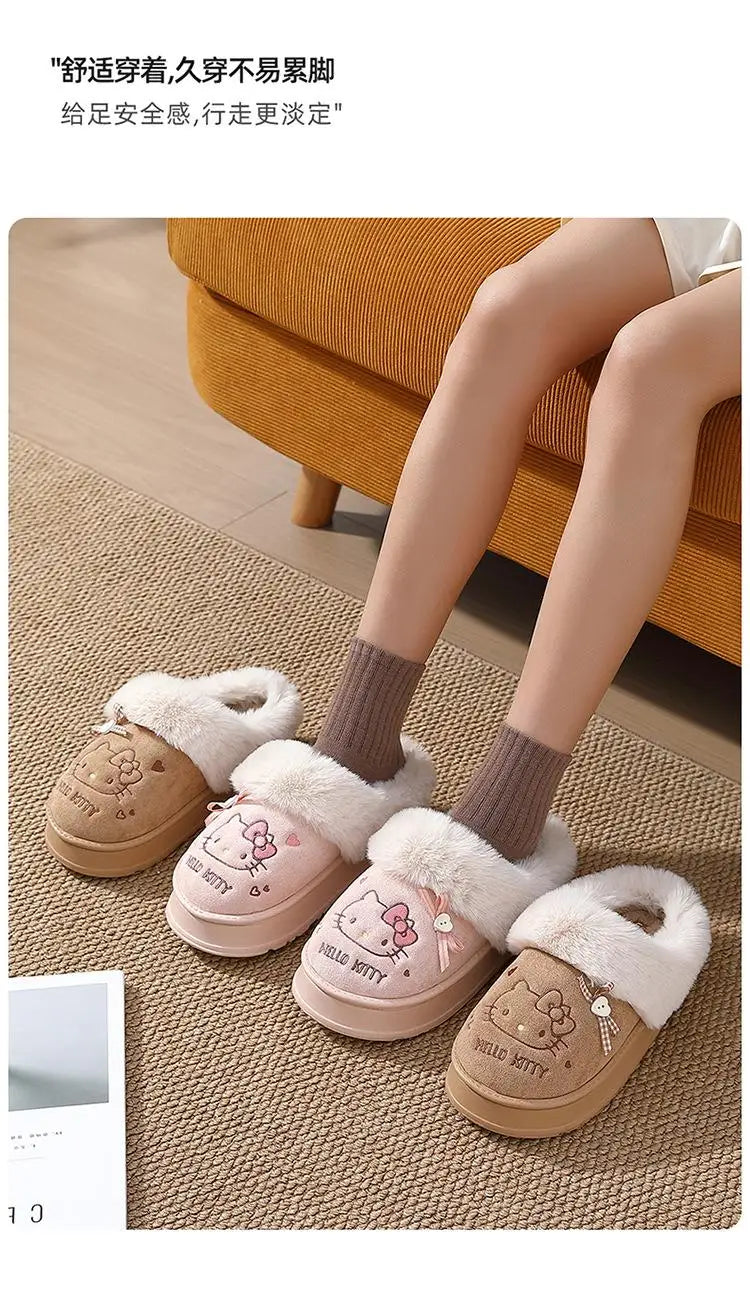 Cartoon Sanrio Hello Kitty Thick Sole Plush Cotton Slippers Anime Women's Winter Warm New Anti-Slip Wear-Resistant Home Shoes